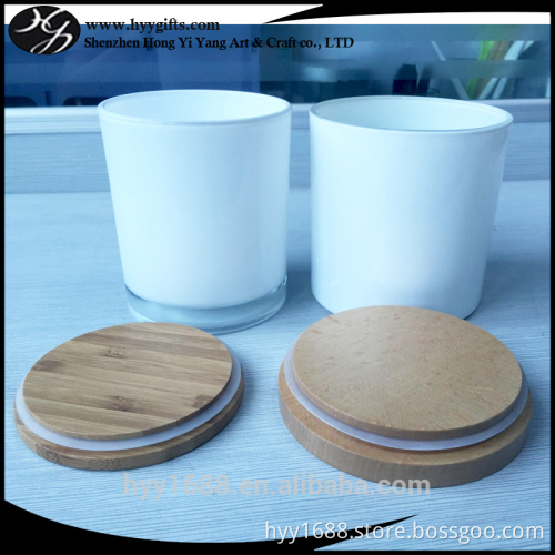 large white glass candle jars with wooden lids for 2 wick candles